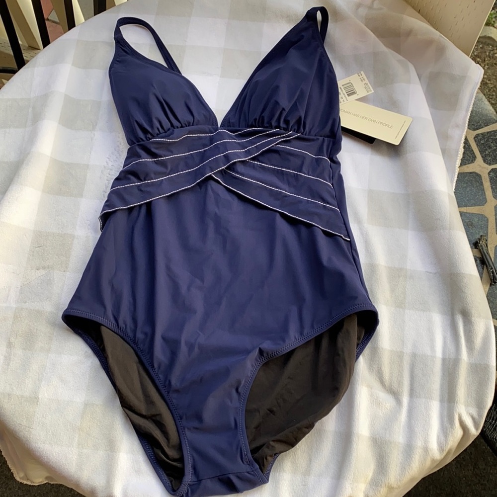 NWT Profile By Gottex Navy Blue One-Piece Swimsuit ~ Slimming